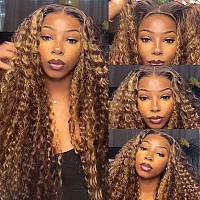 Jenniferita 32Inch Highlight Ombre Deep Wave Wig Wear And Go Glueless Transparent Lace Front Wig Human Hair Water Wave Ombre Hon