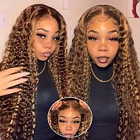 28Inch 427 Highlight Hd Transparent Lace Front Wig Wear And Go Glueless Wet And Wavy Human Hair Ombre Honey Blonde Water Wave L