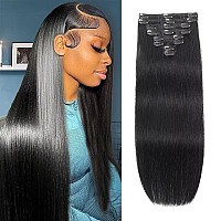 Ally Clip In Hair Extensions Real Human Hair 16 Inch 90G 8Pcs Seamless Jet Black Clip In Hair Extensions For Women Remy Human