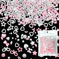 600 Pcs Pink Color White Pearls Nail Charms Multishapes Heart Star Bows Round 3D Acrylic Assorted Nail Pearls Charms For Manicu