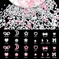 600 Pcs Pink Color White Pearls Nail Charms Multishapes Heart Star Bows Round 3D Acrylic Assorted Nail Pearls Charms For Manicu