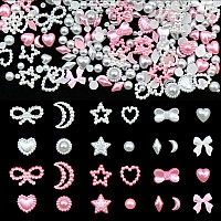 600 Pcs Pink Color White Pearls Nail Charms Multishapes Heart Star Bows Round 3D Acrylic Assorted Nail Pearls Charms For Manicu