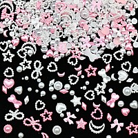 600 Pcs Pink Color White Pearls Nail Charms Multishapes Heart Star Bows Round 3D Acrylic Assorted Nail Pearls Charms For Manicu