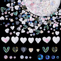 500 Pcs White Hearts Pearls Gems 3D Nail Charms Variety Hearts Cute Nail Charms Mix Pink Color White Flatback Pearls Resin Rhine