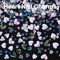 500 Pcs White Hearts Pearls Gems 3D Nail Charms Variety Hearts Cute Nail Charms Mix Pink Color White Flatback Pearls Resin Rhine