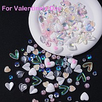 500 Pcs White Hearts Pearls Gems 3D Nail Charms Variety Hearts Cute Nail Charms Mix Pink Color White Flatback Pearls Resin Rhine