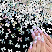 500 Pcs White Bows Pearls Gems 3D Nail Charms Variety Bows Cute Nail Charms Mix Pink Color White Flatback Pearls Resin Rhineston