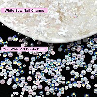 500 Pcs White Bows Pearls Gems 3D Nail Charms Variety Bows Cute Nail Charms Mix Pink Color White Flatback Pearls Resin Rhineston