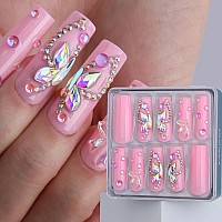 Mqpq Pink Square Press Nails Long Bow Design Fake Nails Luxury Rhinestones Butterfly Nails 24Pcs Glossy Full Cover Handmade Fals