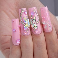 Mqpq Pink Square Press Nails Long Bow Design Fake Nails Luxury Rhinestones Butterfly Nails 24Pcs Glossy Full Cover Handmade Fals