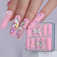 Mqpq Pink Square Press Nails Long Bow Design Fake Nails Luxury Rhinestones Butterfly Nails 24Pcs Glossy Full Cover Handmade Fals