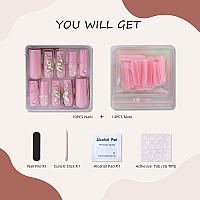 Mqpq Pink Square Press Nails Long Bow Design Fake Nails Luxury Rhinestones Butterfly Nails 24Pcs Glossy Full Cover Handmade Fals