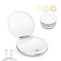 Kakuje Compact Mirror With Light 1X3X Magnification Led Pocket Mirror With Usb Data Cable White Mini Mirror For Purse Pocket