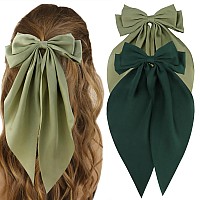 Atoden Silky Satin Green Oversized Bowknot Bow Hair Accessories 2 Pcs Large Hair Barrettes With Long Tails Metal Clips For Aes