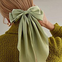 Atoden Silky Satin Green Oversized Bowknot Bow Hair Accessories 2 Pcs Large Hair Barrettes With Long Tails Metal Clips For Aes