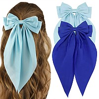 Atoden Silky Satin Oversized Long Tail Bowknot Hair Accessories 2 Pcs Big Blue Barrettes With Metal Clips For Women