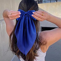 Atoden Silky Satin Oversized Long Tail Bowknot Hair Accessories 2 Pcs Big Blue Barrettes With Metal Clips For Women