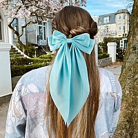 Atoden Silky Satin Oversized Long Tail Bowknot Hair Accessories 2 Pcs Big Blue Barrettes With Metal Clips For Women