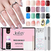 Jofay Fashion 480Pcs French Tip Press On Nails Mixed Solid Coldrs Fake Nails Short Square With Nail Glue Acrylic False Nails