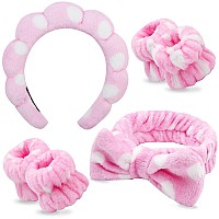 Chanaco Spa Set Makeup Skincare And Face Wash Hair Band With Pink Sponge Bow Tie Headband And Wrist Bands For Womens Hair