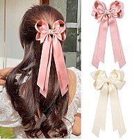 Aileam Hair Clip 2Pcs Beige Pink Hair Bow Ribbon With Metal Clip For Women Girls Toddlers Teens Kids