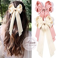 Aileam Hair Clip 2Pcs Beige Pink Hair Bow Ribbon With Metal Clip For Women Girls Toddlers Teens Kids