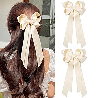 Aileam Hair Clip 2Pcs Hair Bows For Women Hair Clip Beige Silky Satin Ribbon Accessories With Metal Clips For Women Girls Toddl