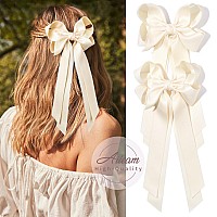 Aileam Hair Clip 2Pcs Hair Bows For Women Hair Clip Beige Silky Satin Ribbon Accessories With Metal Clips For Women Girls Toddl