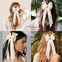 Aileam Hair Clip 2Pcs Hair Bows For Women Hair Clip Beige Silky Satin Ribbon Accessories With Metal Clips For Women Girls Toddl