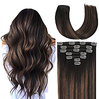 Befana P26T2 Clipin Hair Extensions Real Human Hair16Inch 7Pcs 70G Balayage Straight Silky Balayage Dark Brown To Chestnut B