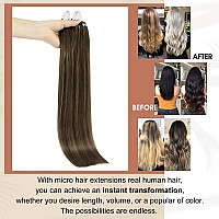 Full Shine Natural Micro Beads Hair Extensions Remy Human Hair 16 Inch Balayage Color 282 Dark Brown Mixed With Ash Brown Micr