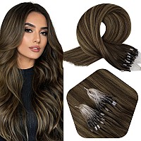 Full Shine Balayage Micro Link Hair Extensions Real Human Hair Color 2 Brown Fading To 8 Ash Brown Highlighted 2 Micro Bead Fusi