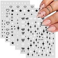 6Sheets Black White Nail Art Stickers Metallic Nail Decals Simple Cute Bow Stars Hearts Star Shapes Stickers For Nail Art Desi