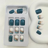 Square Press On Nails Short Sea Blue Fake Nails Glossy Acrylic Nails Press Ons Full Cover False Nails With Golden Glitter Design