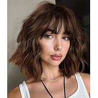 Aisi Hair Brown To Auburn Wigs With Bangs Short Wavy Bob Wig For Women Synthetic Short Curly Wave Wigs Heat Resistant Fiber Hair