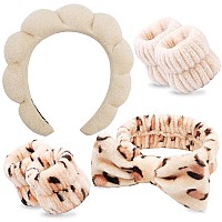 Chanaco Spa Headband 6Pcs Khaki Leopard Color Microfiber Hairband For Women Skincare Headband With Bow Face Wash Head