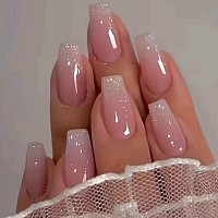 Kxamelie Bling Gradient Pink Press On Nails Medium Short Glitter Ombre Fake Nails Acrylic Coffin Press On French Nails Thick Glu