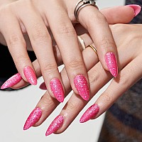 Glamermaid Hot Pink Almond Press On Nails Handmade Jelly Gel Fake Nail With Sliver Glitter Galaxy Medium Almond Glue On Nail S