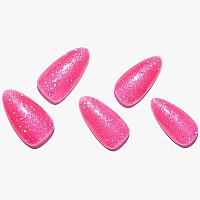 Glamermaid Hot Pink Almond Press On Nails Handmade Jelly Gel Fake Nail With Sliver Glitter Galaxy Medium Almond Glue On Nail S