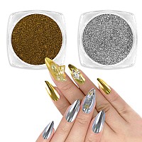 Allstarry Chrome Nail Powder 2 Colors Metallic Effect Mirror Chrome Powder Pigment Shiny Holographic Manicure Pigment Gold Sive