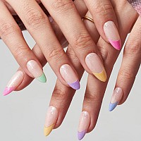 Glamermaid Press On Nails Colorful French Tip Medium Almond Nude Fake Nails Short Oval Round Glue On Nails Short Stick On Nail