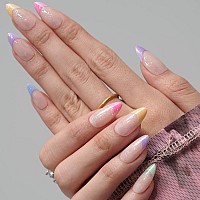 Glamermaid Press On Nails Colorful French Tip Medium Almond Nude Fake Nails Short Oval Round Glue On Nails Short Stick On Nail