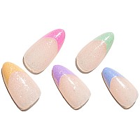 Glamermaid Press On Nails Colorful French Tip Medium Almond Nude Fake Nails Short Oval Round Glue On Nails Short Stick On Nail