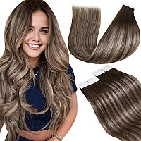 Laavoo Tape In Hair Extensions Balayage Human Hair Tape In Extensions 24 Inch Dark Brown To Ash Blonde Mix Brown Hair Extensions