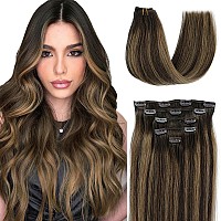 Hair Extensions Real Human Hair Clip Ins Hair Extension Clips 16 Inch Dark Brown Fading To Ash Brown With Dark Brown Highlights