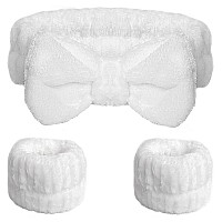 Wsyub Spa Headband And Wristband Set Face Wash Headband Makeup Skincare Headband Wrist Bands For Washing Face White