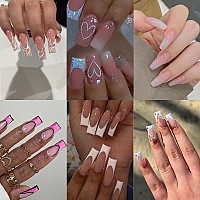 6 Packs 144 Pcs Press On Nails Medium Design Opkssnails French Tip Fake Nails Long Square Glue On Nails Kit With Nail Glue Adhe