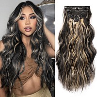 Nayoo Clip In Hair Extensions For Women 20 Inch Long Wavy Curly Black Mix Blonde Hair Extension Full Head Synthetic Hair Extensi