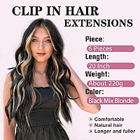 Nayoo Clip In Hair Extensions For Women 20 Inch Long Wavy Curly Black Mix Blonde Hair Extension Full Head Synthetic Hair Extensi