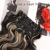 Nayoo Clip In Hair Extensions For Women 20 Inch Long Wavy Curly Black Mix Blonde Hair Extension Full Head Synthetic Hair Extensi